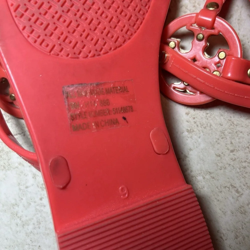 Tory Burch Mini Miller Jelly Thong Sandals Size 9 Orange Coral Double T Gold EUC